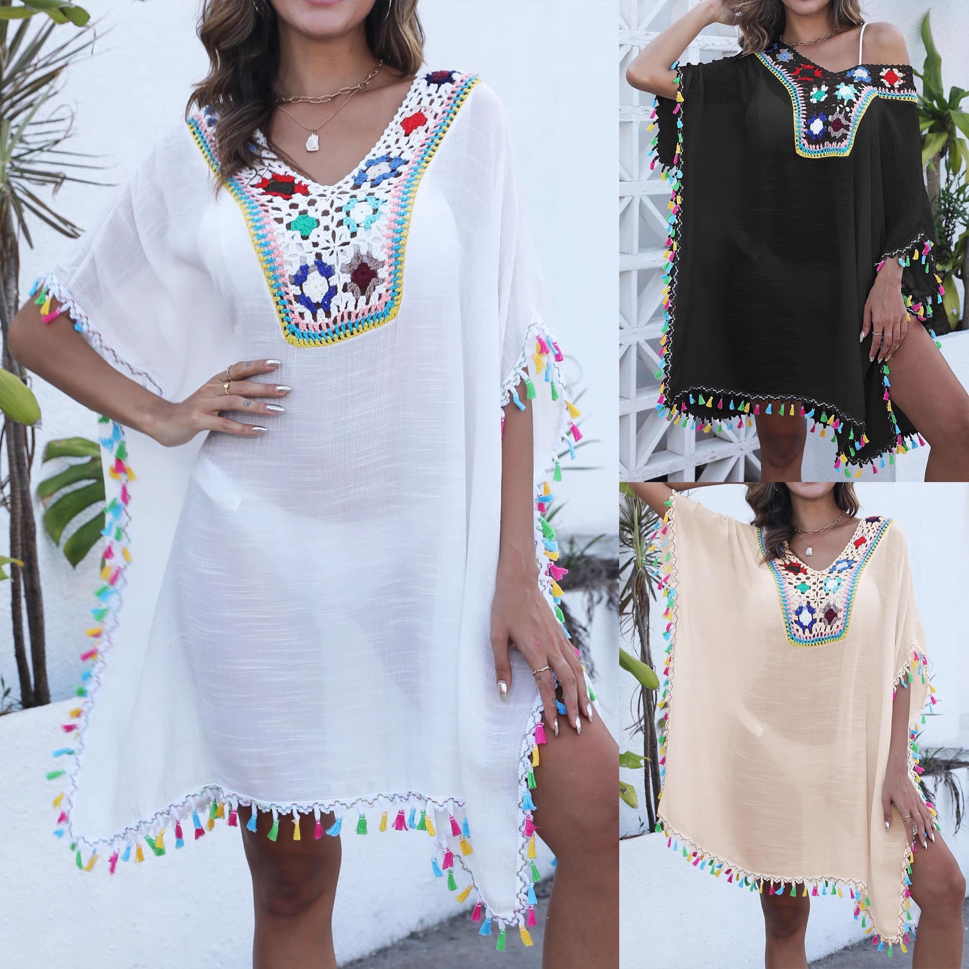 Knitted patchwork hook floral color suntan beach bikini smock dress