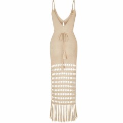 Bikini cover skirt Solid color women's halter knitted cutout waist fringe MIDI dress swimsuit cover skirt