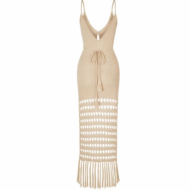 Bikini cover skirt Solid color women's halter knitted cutout waist fringe MIDI dress swimsuit cover skirt