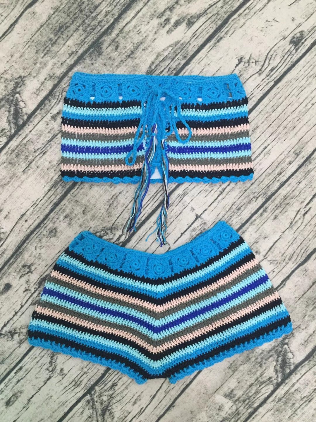 Beach blue swimsuit hand hook separate drawstring bikini set