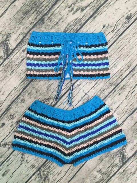 Beach blue swimsuit hand hook separate drawstring bikini set