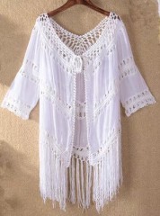 Hand-crochet patchwork tassel lace-up cut-out swimsuit over a sunblock bikini smock
