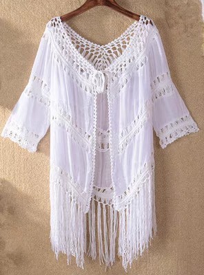 Hand-crochet patchwork tassel lace-up cut-out swimsuit over a sunblock bikini smock