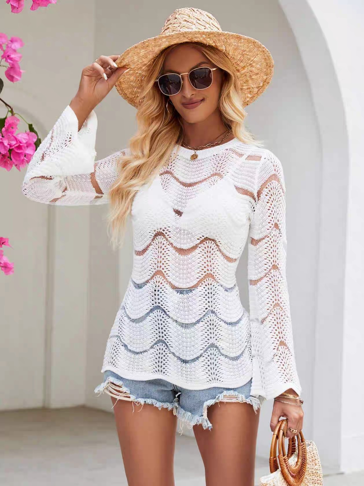 Crew-neck thin striped sexy hollow-out long sleeve sunblock knit bikini smock