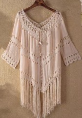 Hand-crochet patchwork tassel lace-up cut-out swimsuit over a sunblock bikini smock