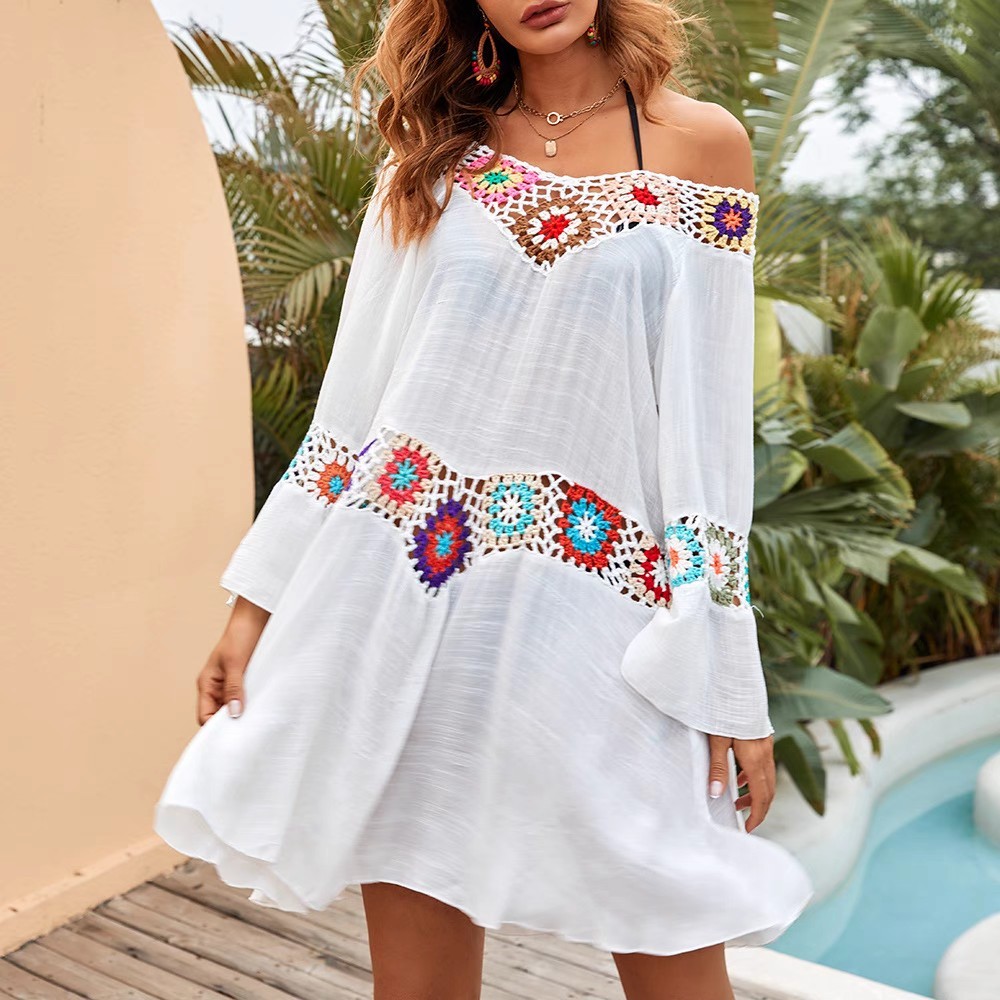 National style fashion hook flower bathing suit sun hot spring vacation mid-sleeve see-through bikini beach skirt smock