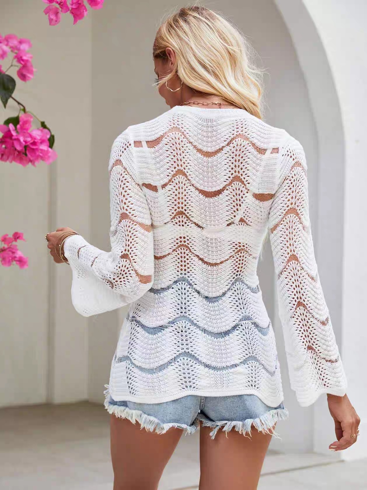 Crew-neck thin striped sexy hollow-out long sleeve sunblock knit bikini smock
