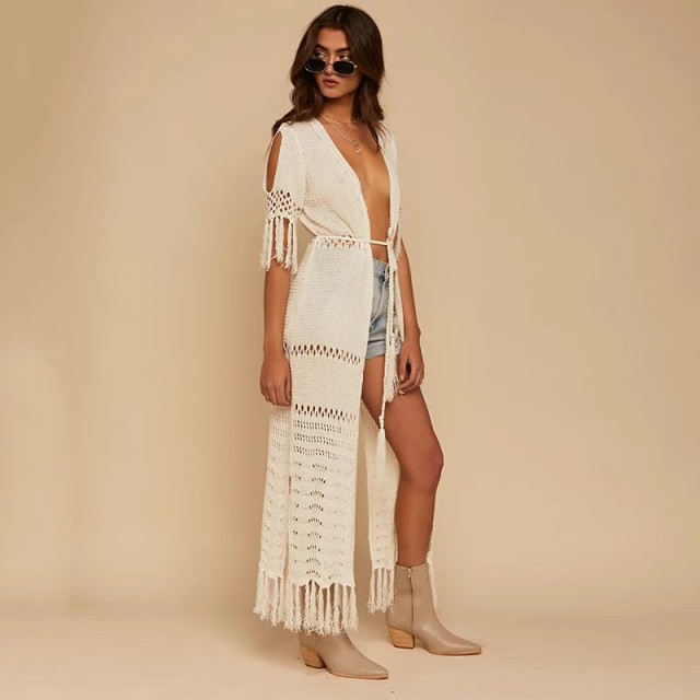 Knitted fringe beach smock sexy cardigan hollowed-out holiday long skirt bikini smock