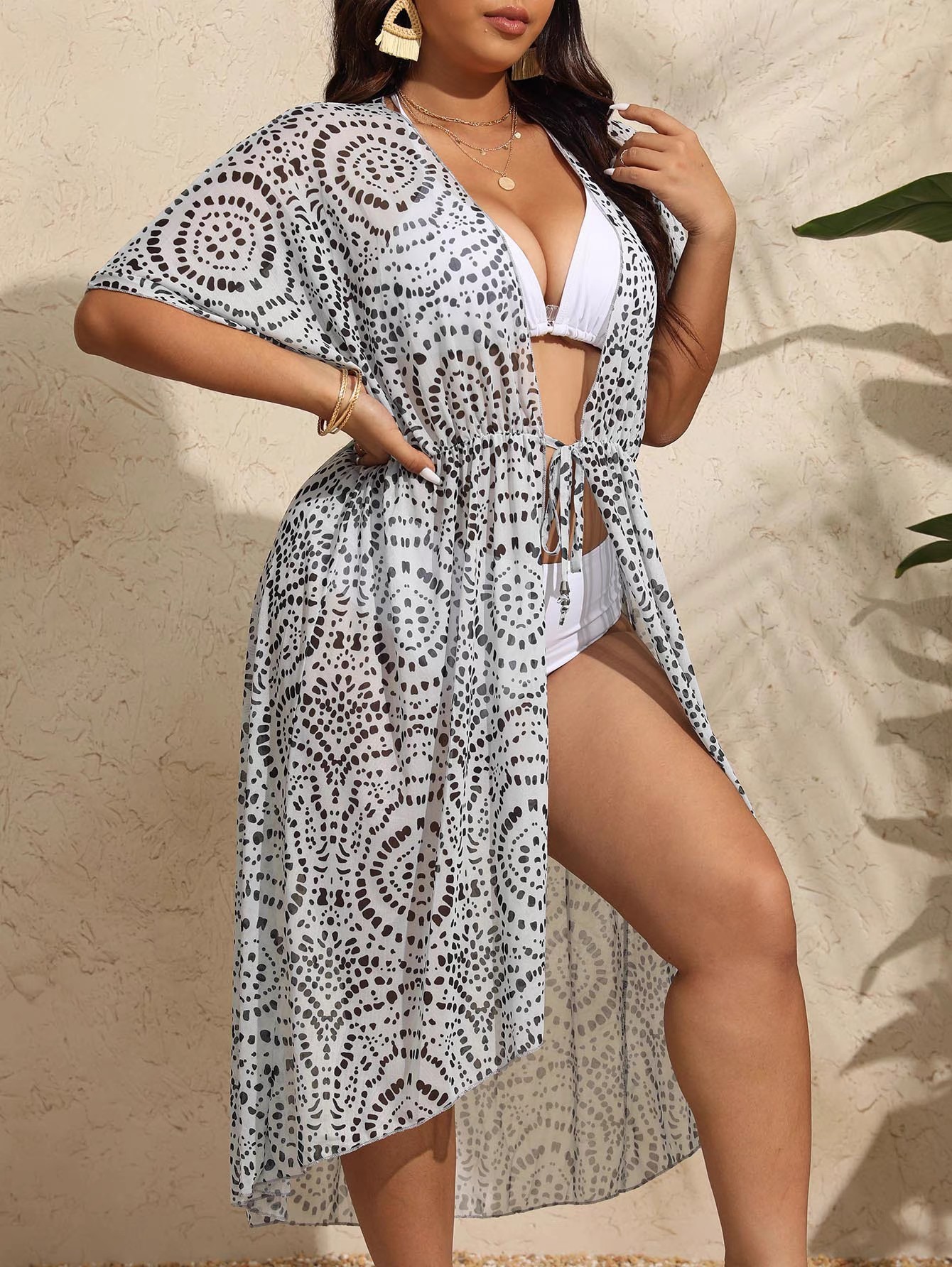 Plus size swimsuit with a robe cardigan irregular long lace-up beach sunscreen bikini with a smock