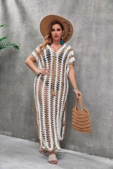 Plus size new beach long dress hand hook hollow-out sexy matching color sunscreen smock knitted bikini smock