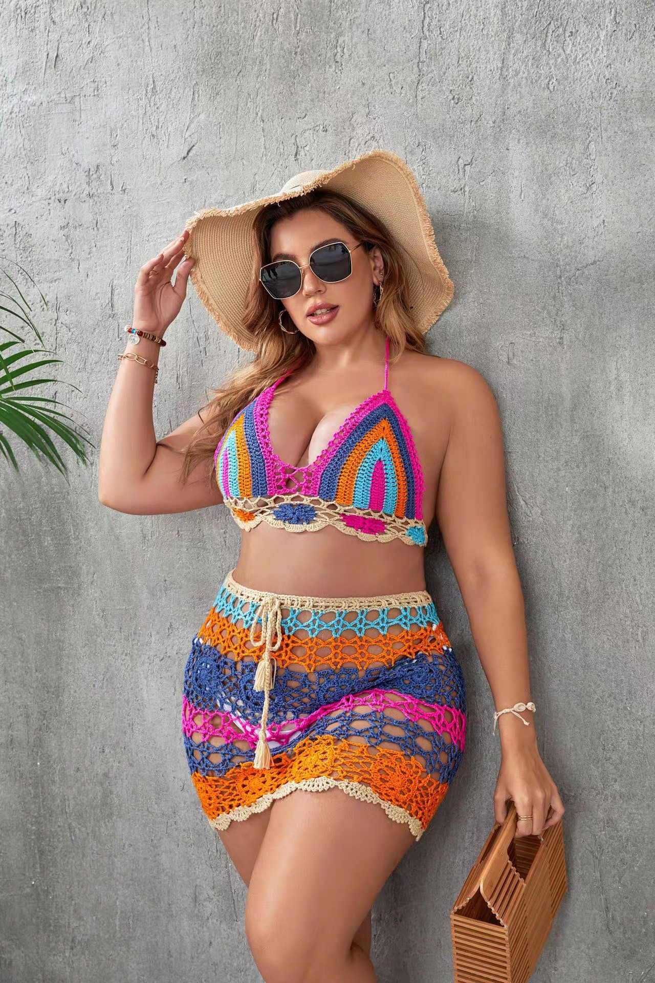 Woven hollow sexy color split body foreign trade knitted bikini set