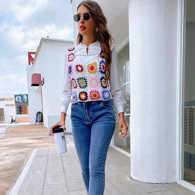 All fresh hook flower patchwork small vest ethnic wind woven top beach separate swimsuit bikini smock