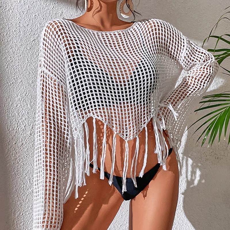 Loose pullover long sleeve knitted cut-out V-neck fringe bikini beach jacket
