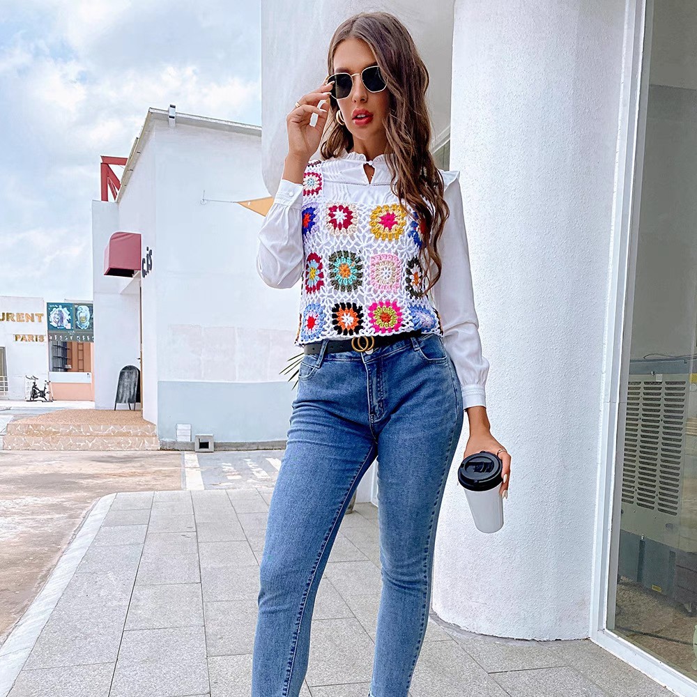 All fresh hook flower patchwork small vest ethnic wind woven top beach separate swimsuit bikini smock
