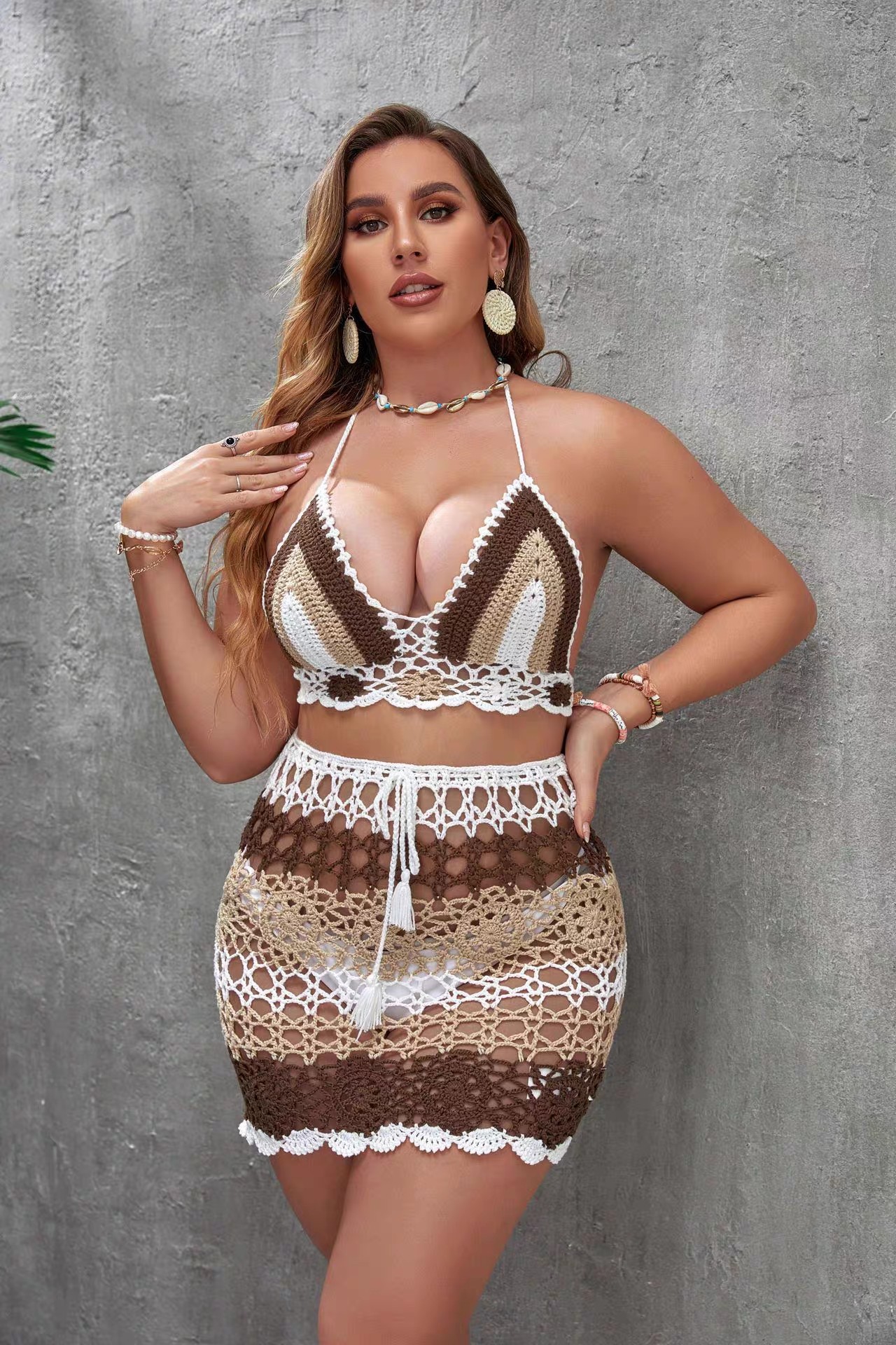 Woven hollow sexy color split body foreign trade knitted bikini set