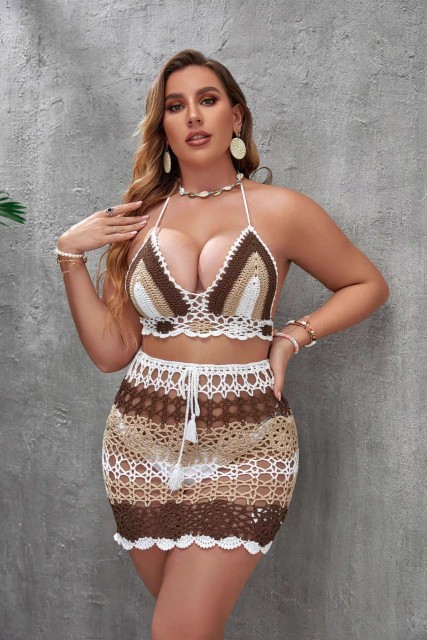 Woven hollow sexy color split body foreign trade knitted bikini set