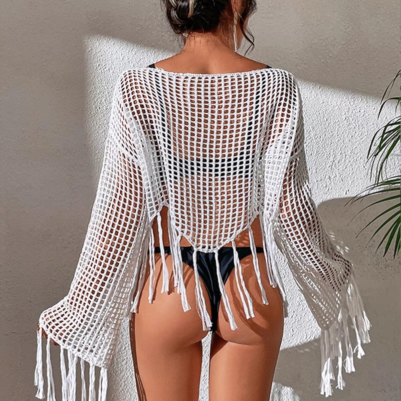 Loose pullover long sleeve knitted cut-out V-neck fringe bikini beach jacket