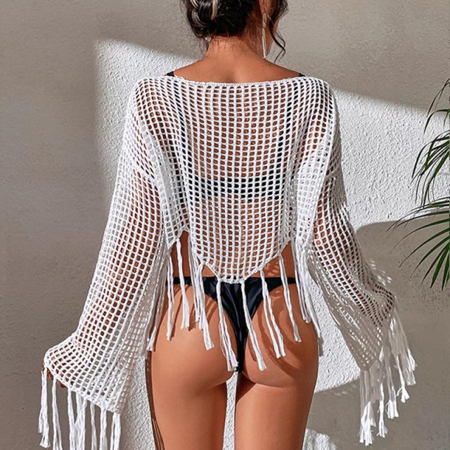 Loose pullover long sleeve knitted cut-out V-neck fringe bikini beach jacket