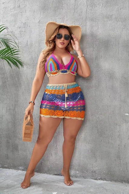 Woven hollow sexy color split body foreign trade knitted bikini set
