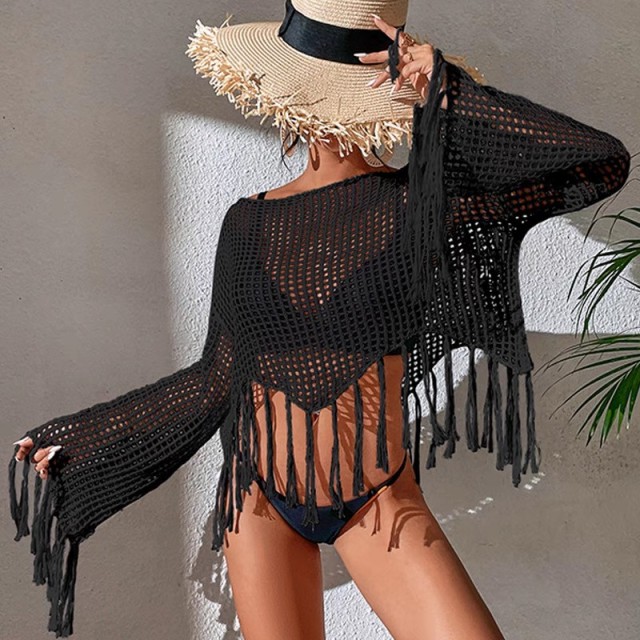 Loose pullover long sleeve knitted cut-out V-neck fringe bikini beach jacket