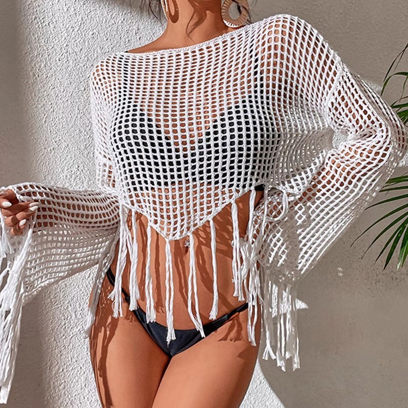 Loose pullover long sleeve knitted cut-out V-neck fringe bikini beach jacket