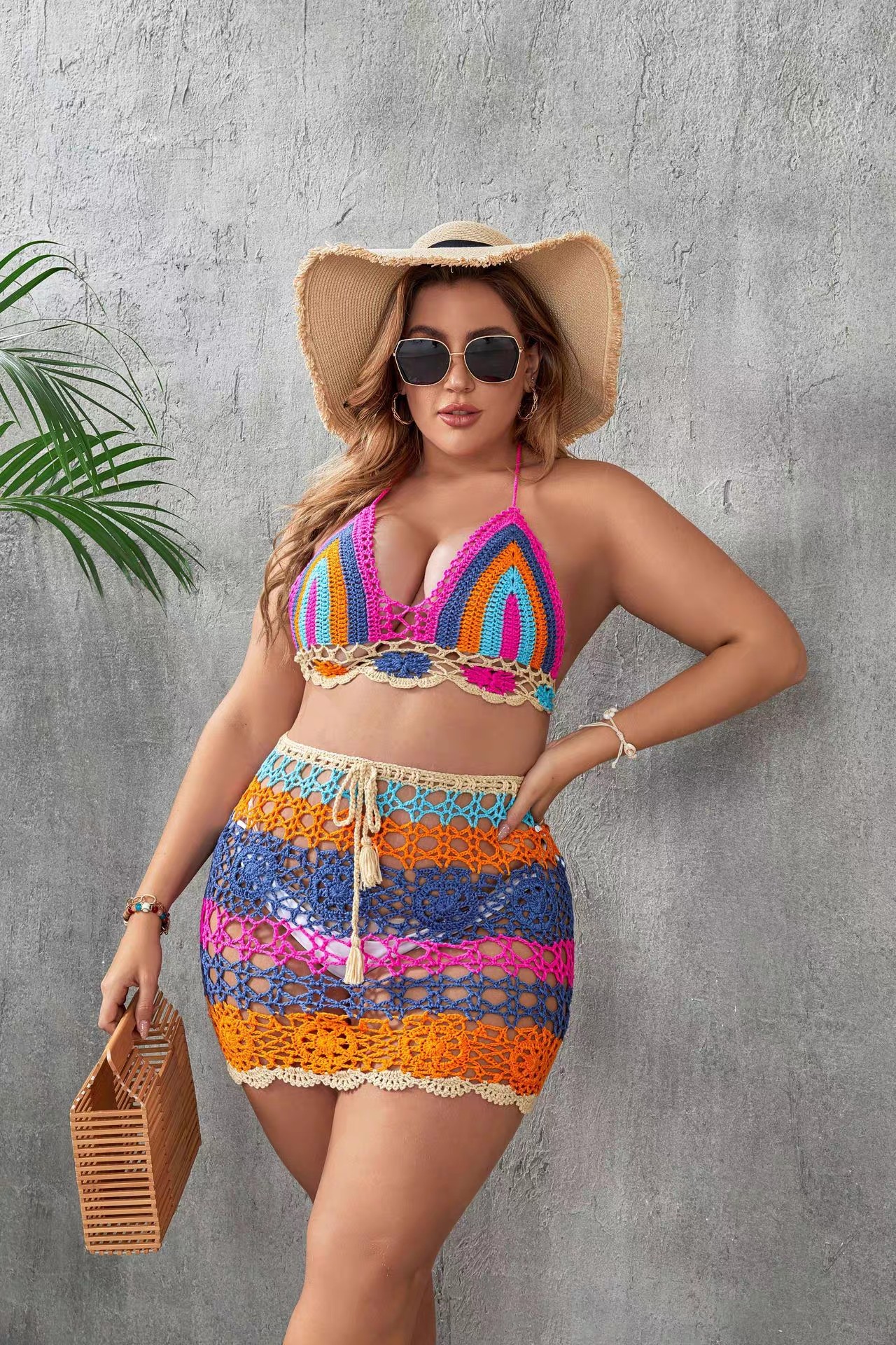 Woven hollow sexy color split body foreign trade knitted bikini set