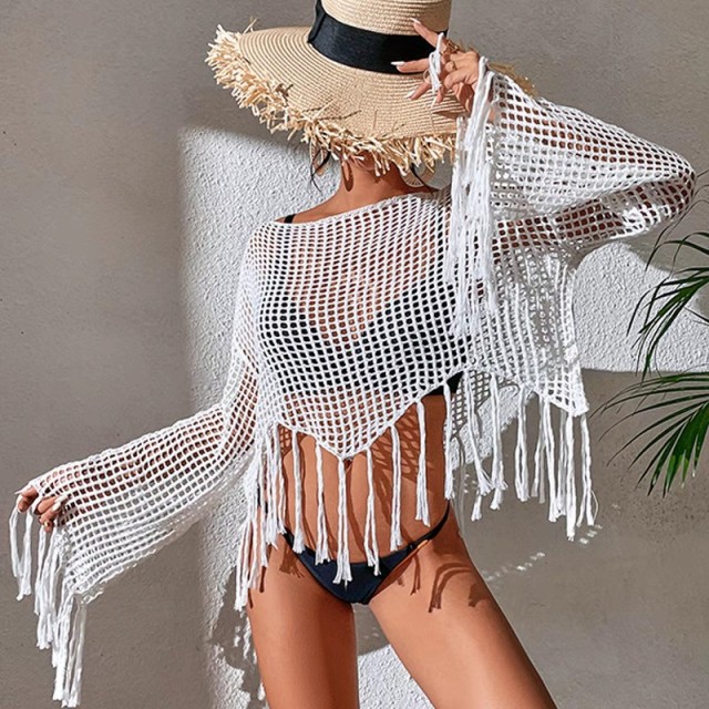 Loose pullover long sleeve knitted cut-out V-neck fringe bikini beach jacket
