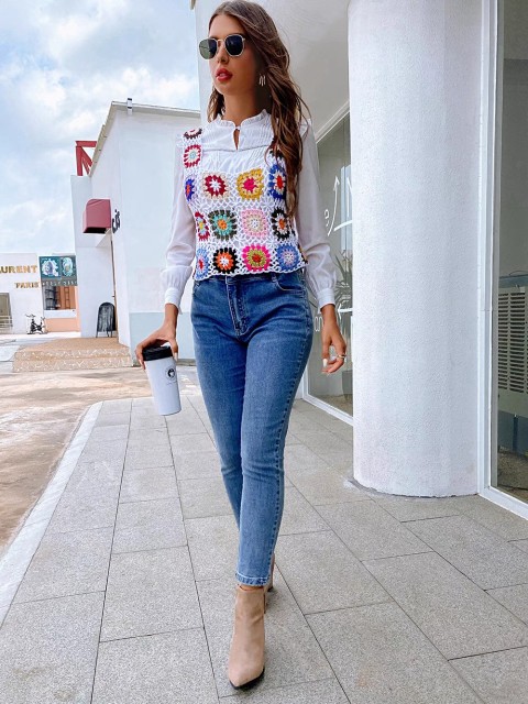 All fresh hook flower patchwork small vest ethnic wind woven top beach separate swimsuit bikini smock