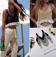 Sexy cutout hand hook knitted shell white vest bikini smock top