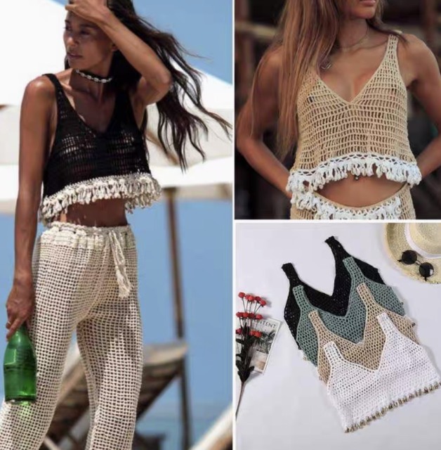 Sexy cutout hand hook knitted shell white vest bikini smock top