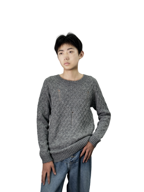 Crew neck long sleeve ripped jumper