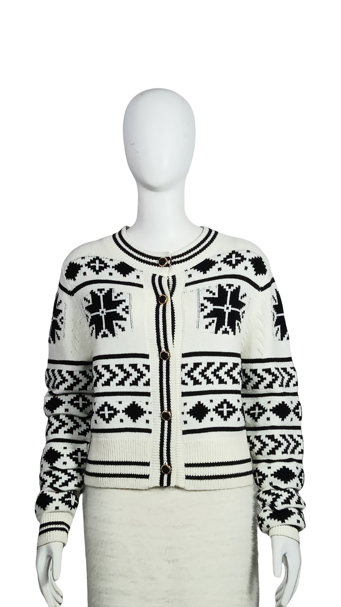 Round neck long sleeve geometric pattern knitted cardigan