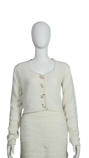 Soft round neck pearl short knitted cardigan