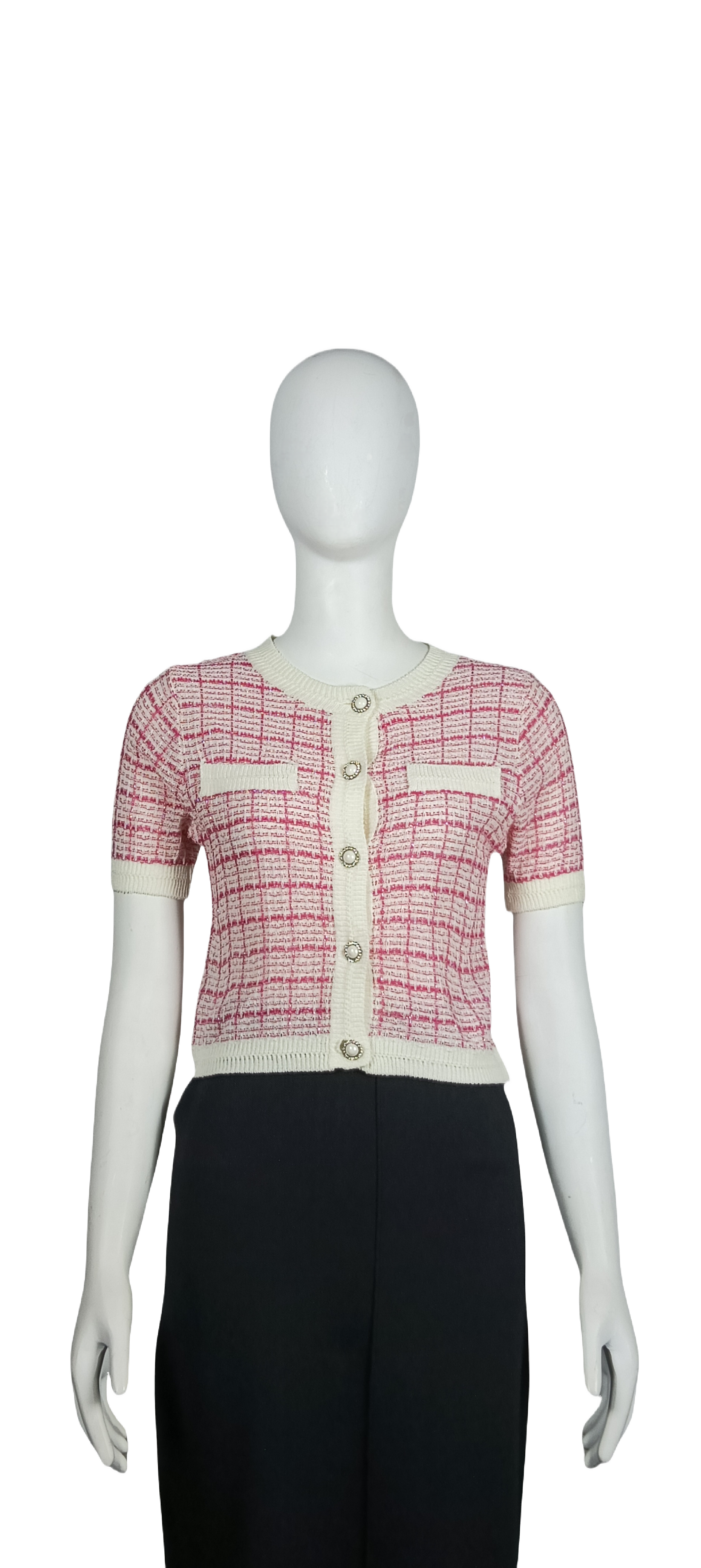 Pink and white check knitted cardigan