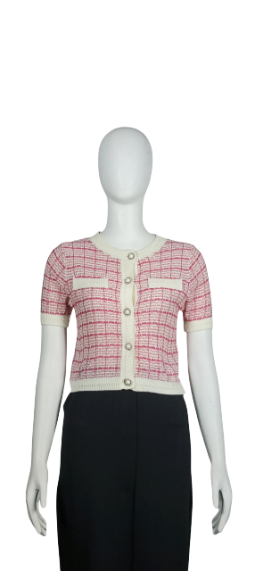 Pink and white check knitted cardigan