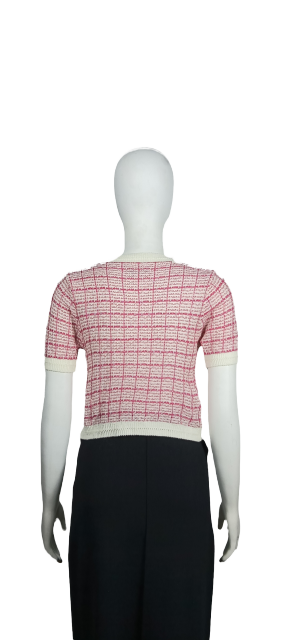 Pink and white check knitted cardigan