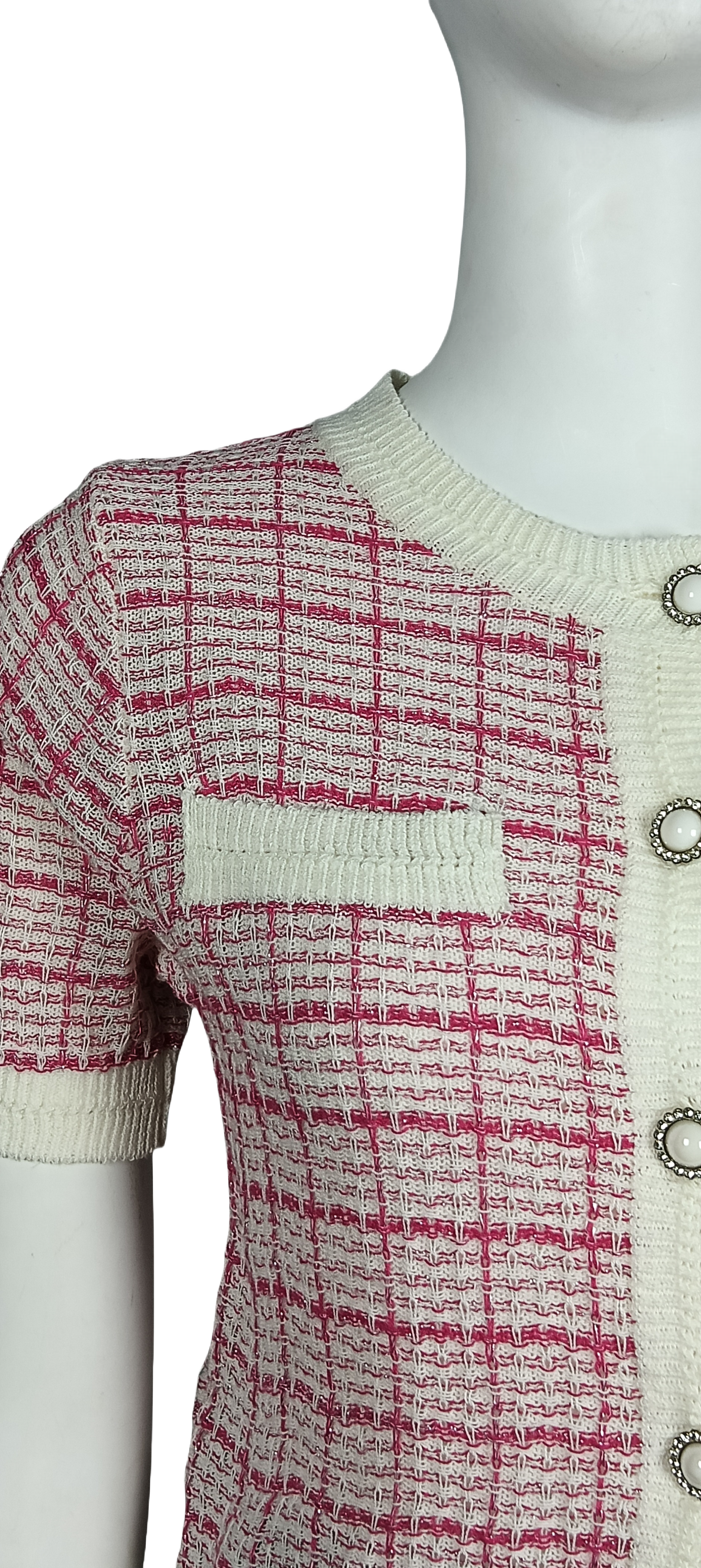 Pink and white check knitted cardigan