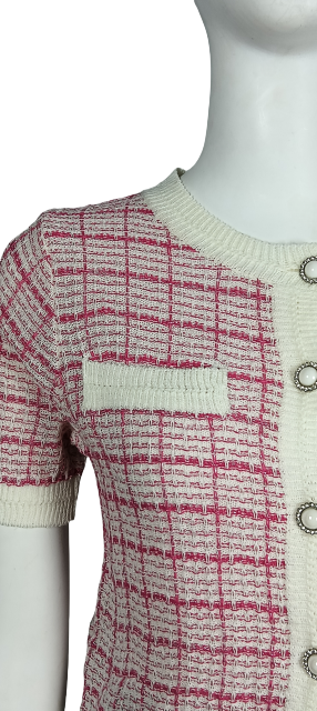 Pink and white check knitted cardigan