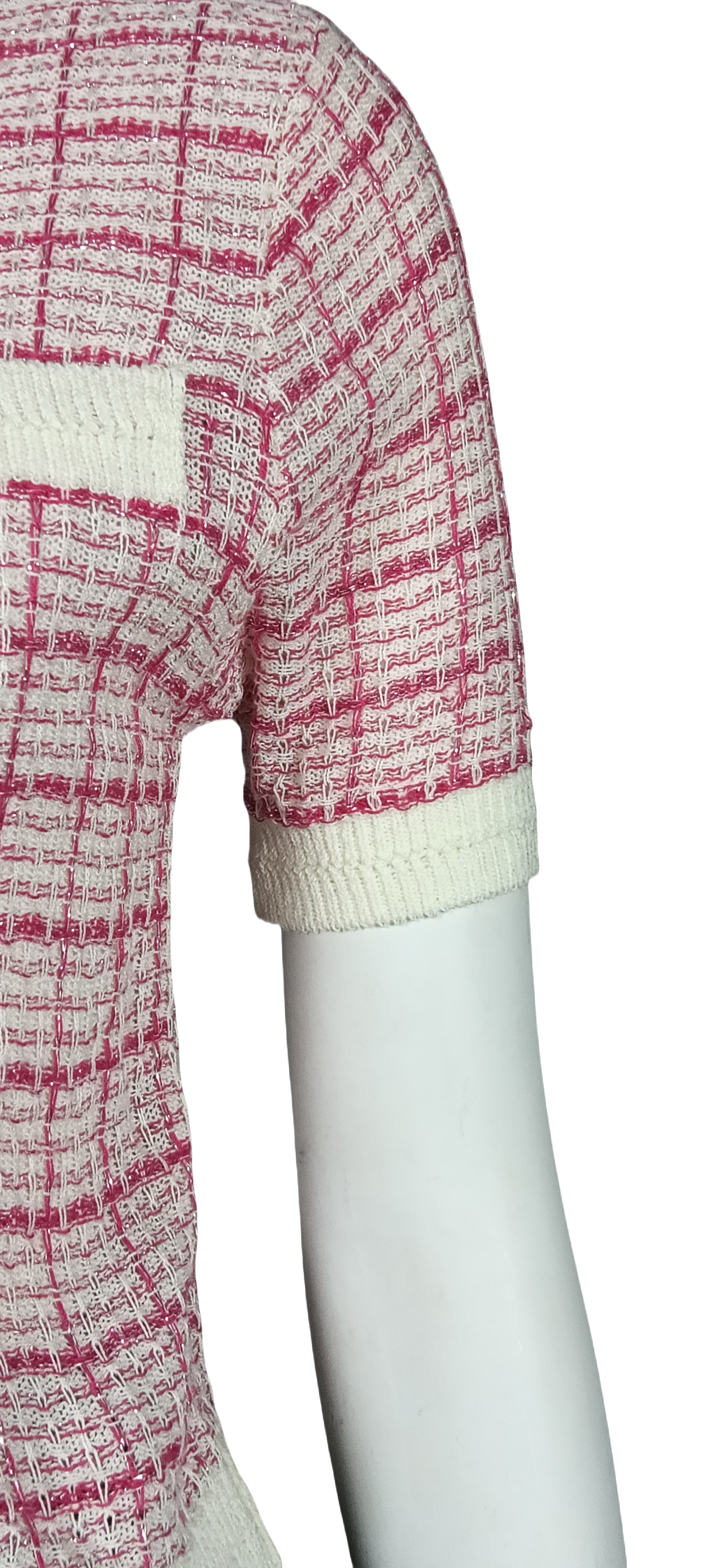 Pink and white check knitted cardigan