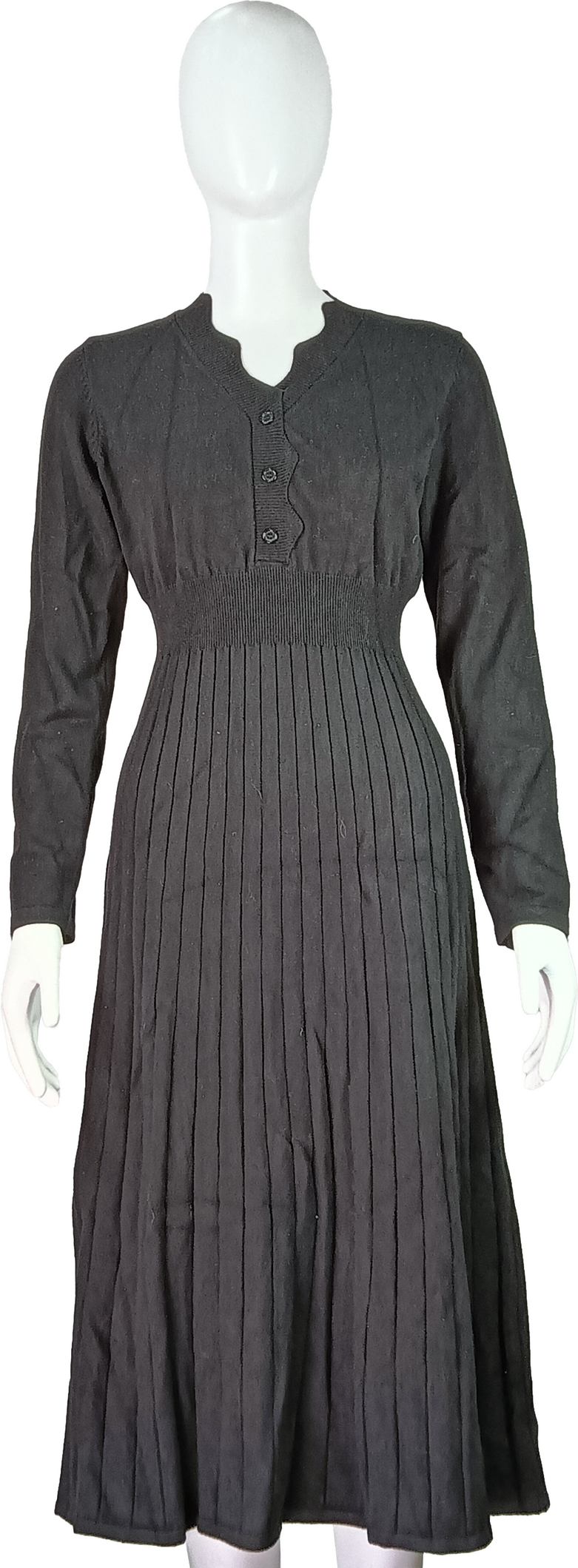 Elegant Long Sleeve Black Button-Down Pleated Design Dress