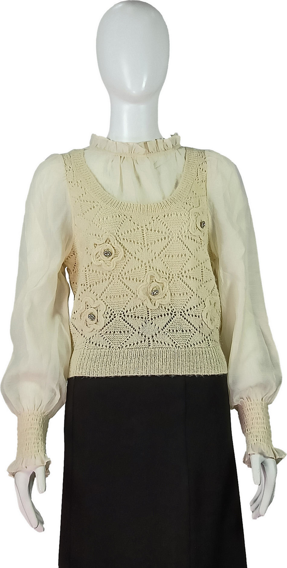 Crochet Knit Floral Elegant fake two-piece combination of wool and woven