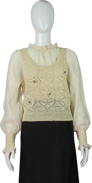 Crochet Knit Floral Elegant fake two-piece combination of wool and woven