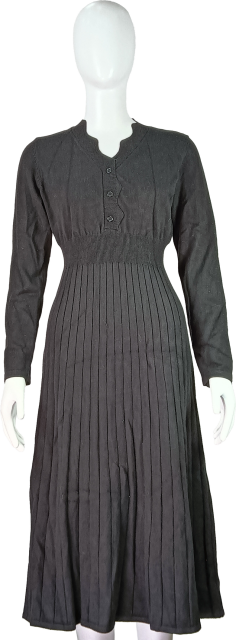 Elegant Long Sleeve Black Button-Down Pleated Design Dress