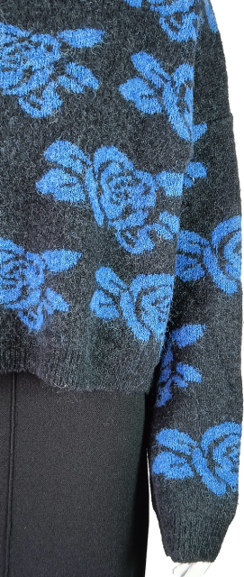 Women's Cropped Knit Sweater with Blue Floral Pattern