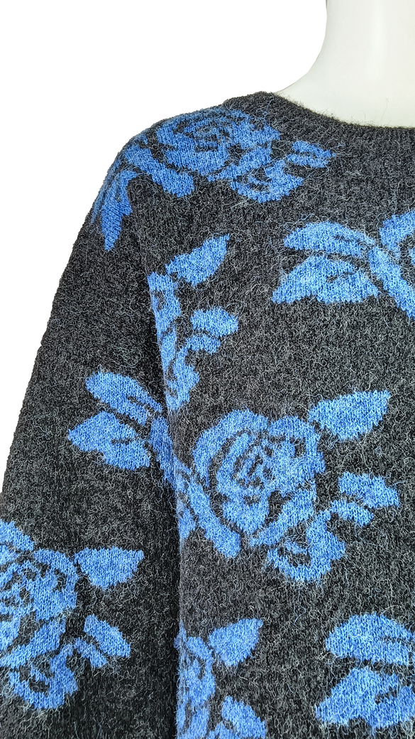 Women's Cropped Knit Sweater with Blue Floral Pattern