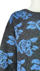 Women's Cropped Knit Sweater with Blue Floral Pattern