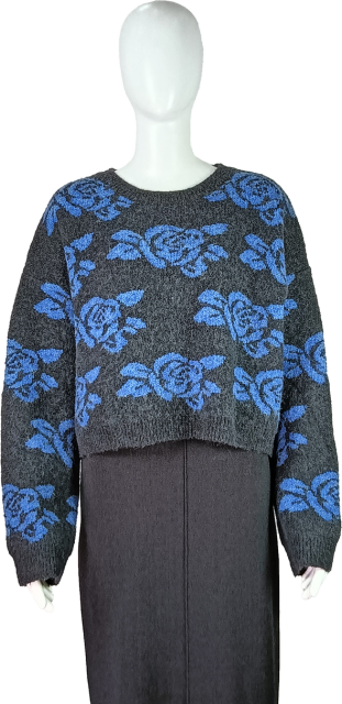 Women's Cropped Knit Sweater with Blue Floral Pattern