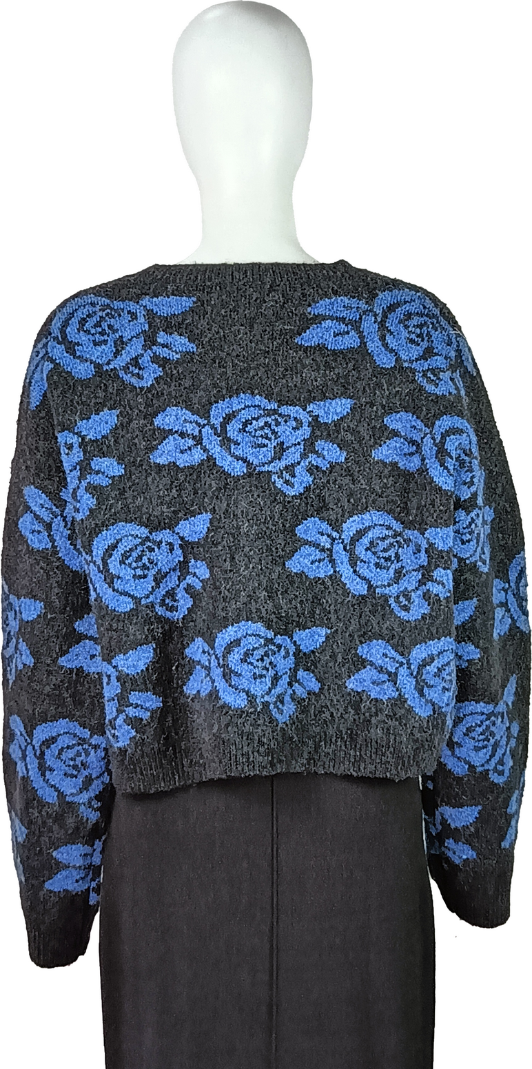 Women's Cropped Knit Sweater with Blue Floral Pattern