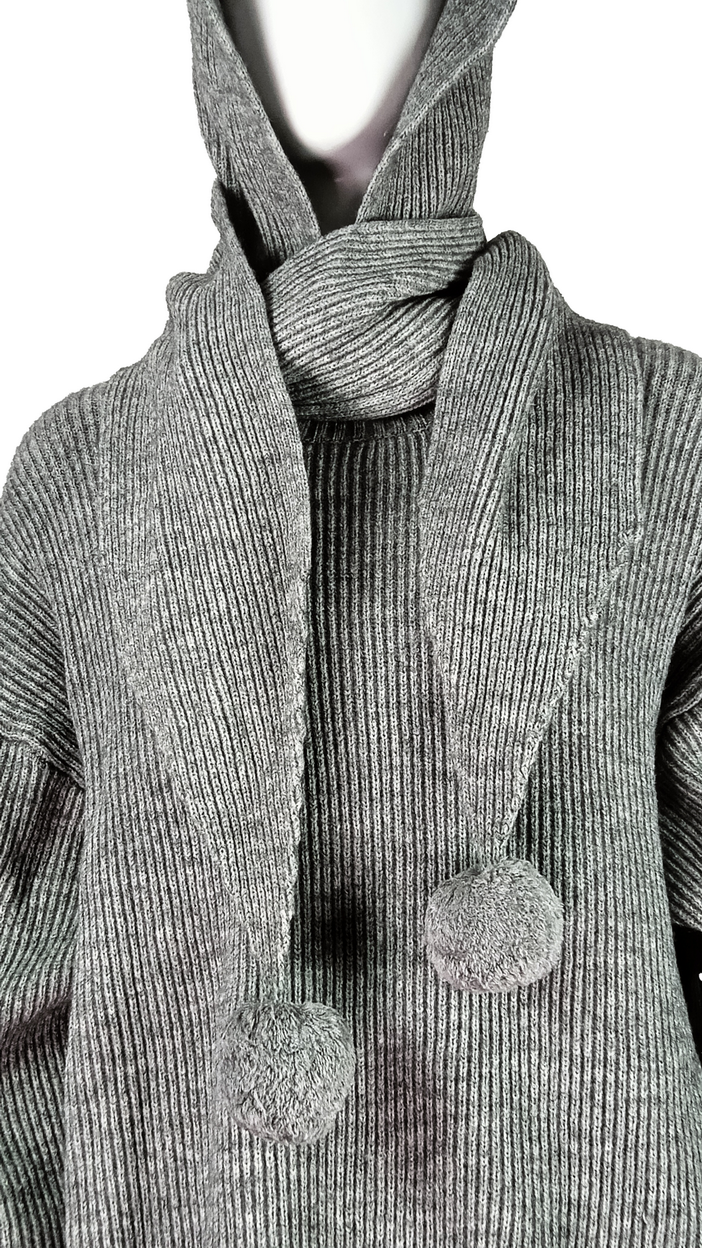 Women's Knitted Hoodie Sweater with Attached Scarf and Pom-Poms