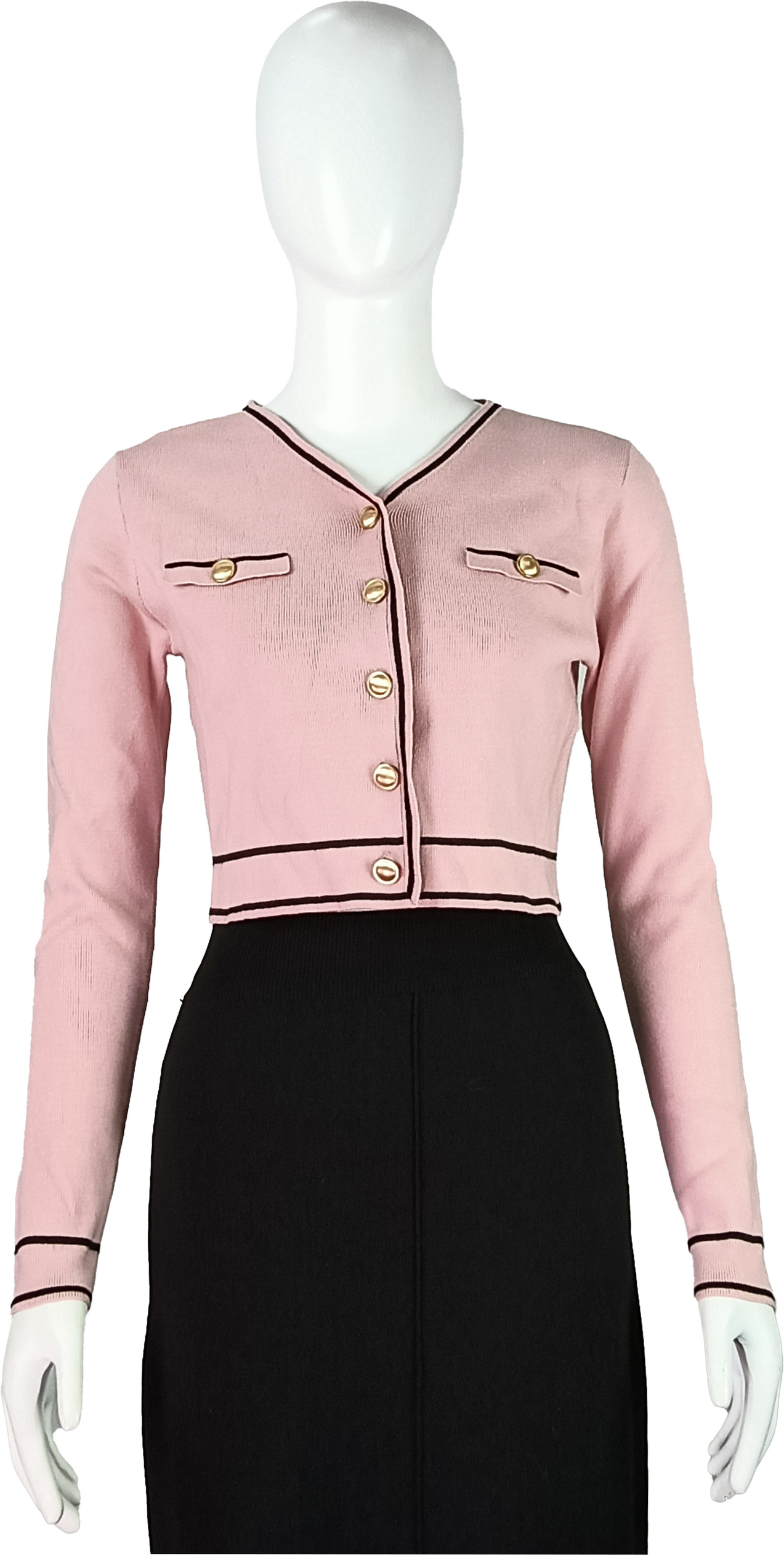 Women's Pink V-Neck Cropped Cardigan with Gold Button Detailing